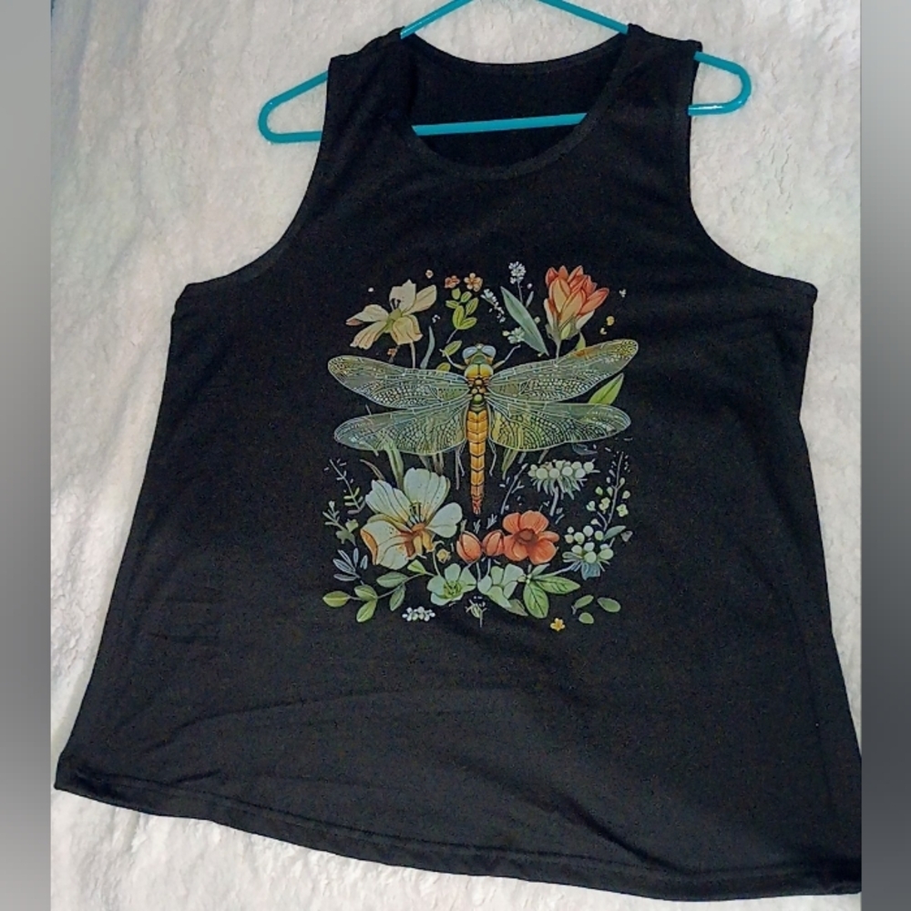 Black Tank Top with Dragonfly and Floral Design